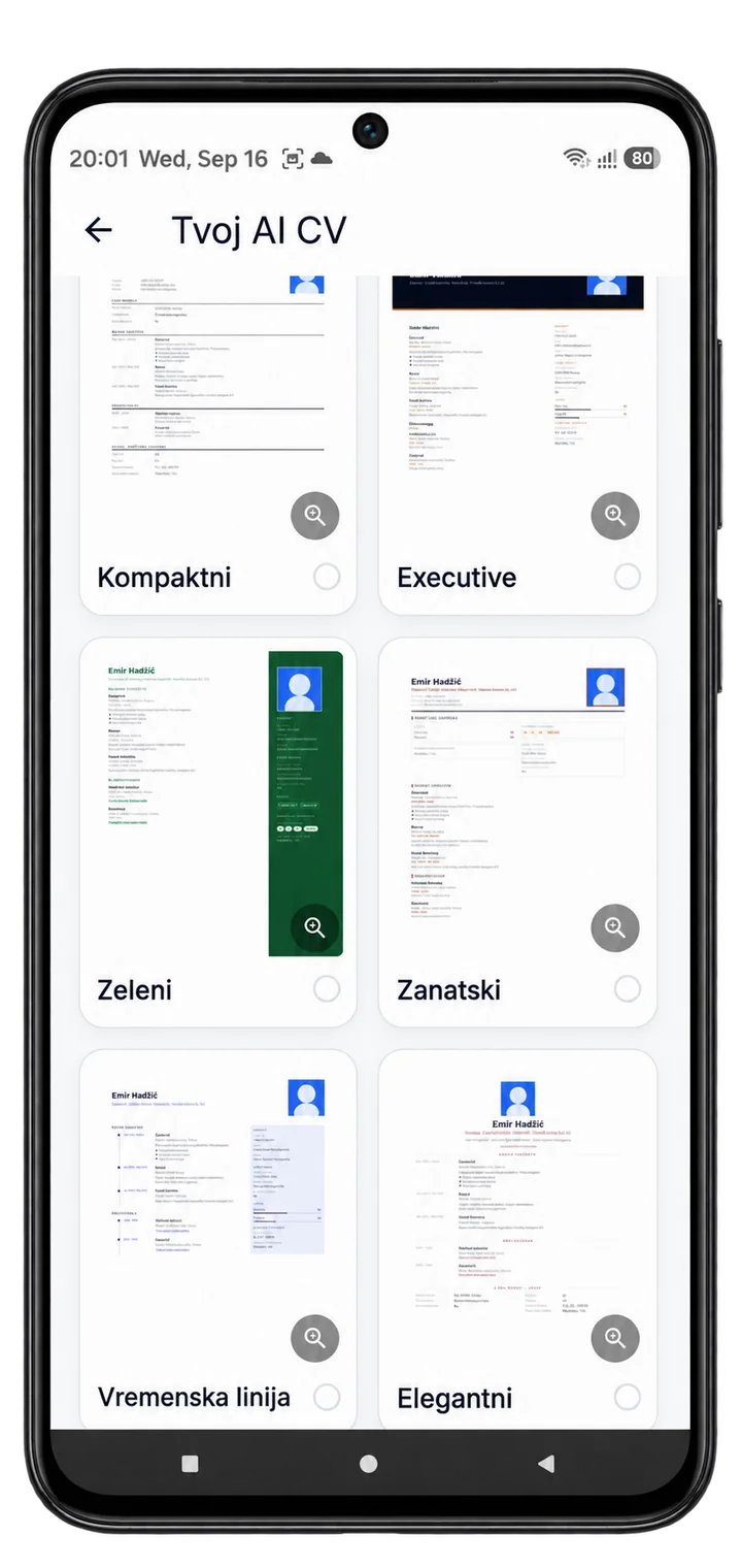 CV dizajni u aplikaciji: Kompaktni, Executive, Zeleni, Zanatski, Vremenska linija i Elegantni