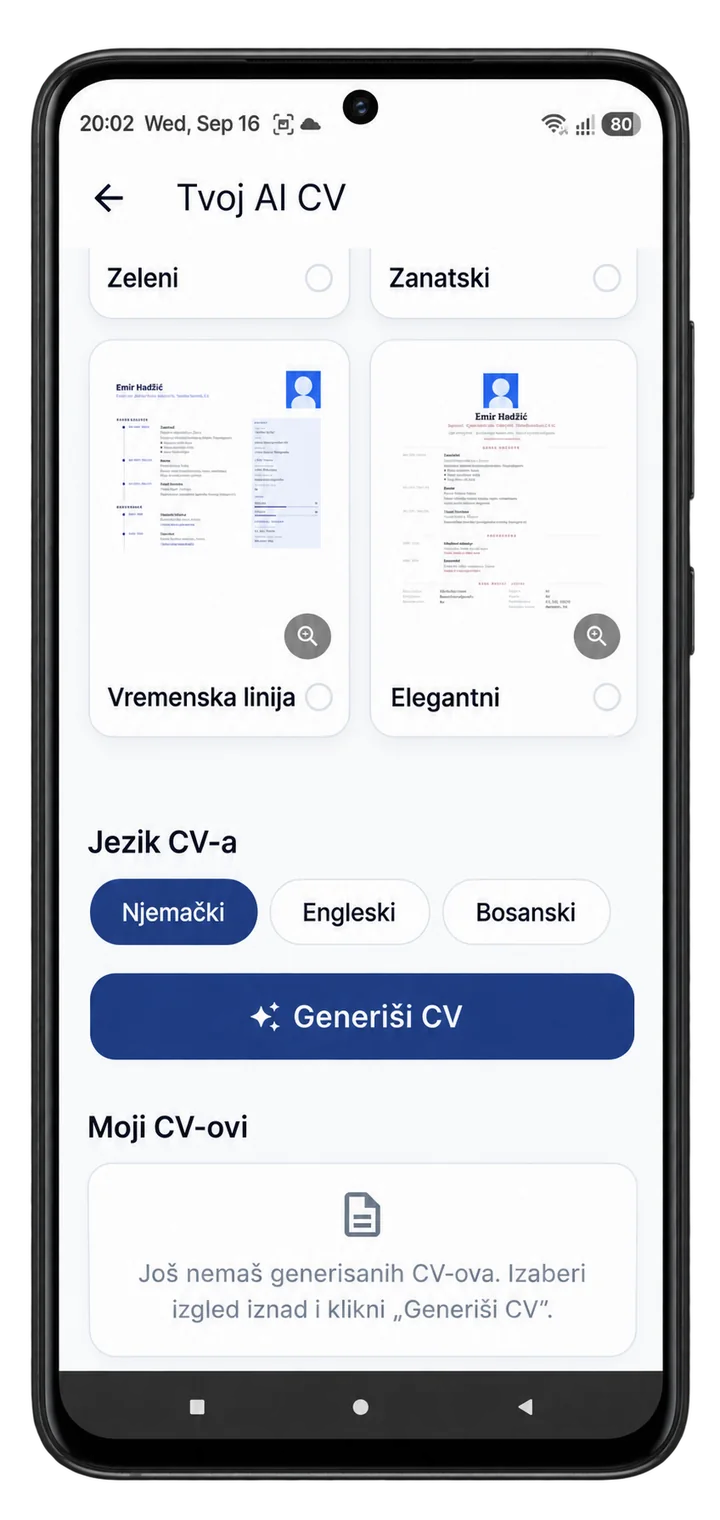 Izbor jezika CV-a u aplikaciji: njemački, engleski ili bosanski, i dugme Generiši CV